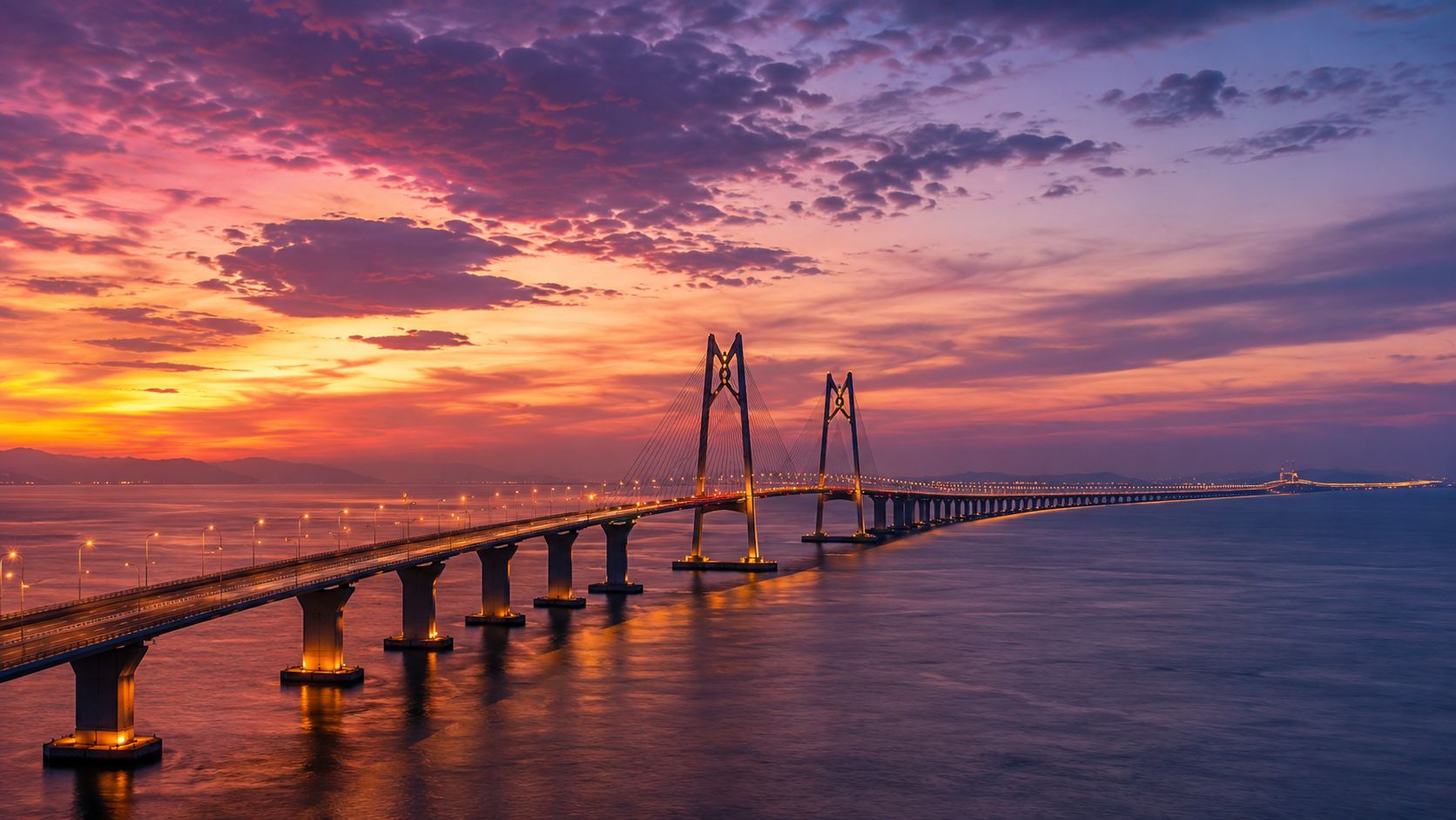 The Hong Kong-Zhuhai-Macau bridge at dusk